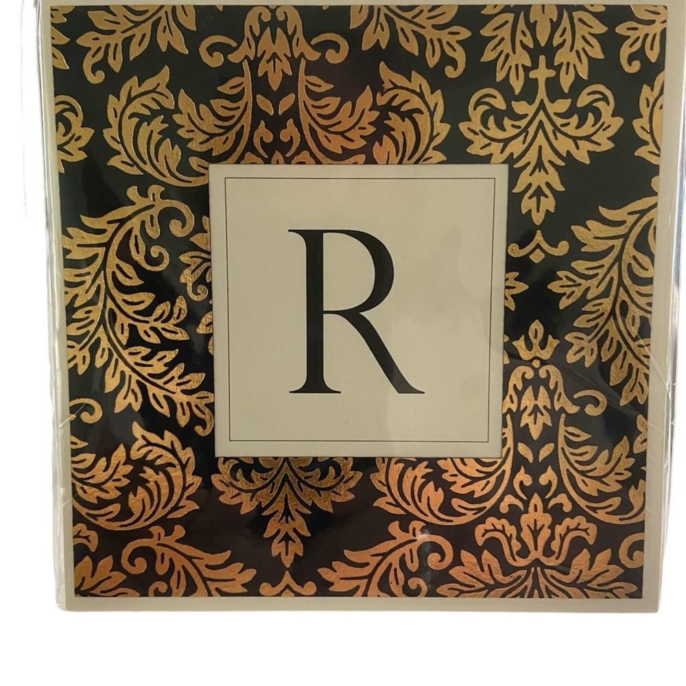 Embossed initial R folded blank cards with envelopes 5.25 in sq black and gold